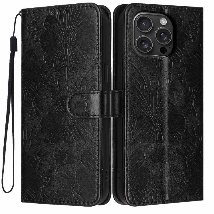 Custodia per telefono in pelle con stampa girasole in rilievo e cordino nero sottile., For iPhone Air, For iPhone 16 Pro Max, For iPhone 16 Pro, For iPhone 16 Plus