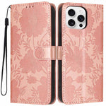 Custodia per telefono in pelle con stampa girasole in rilievo e cordino nero sottile., For iPhone 16, For iPhone 15 Pro Max, For iPhone 15 Pro, For iPhone 15 Plus