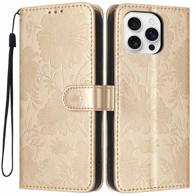 Custodia per telefono in pelle con stampa girasole in rilievo e cordino nero sottile., For iPhone 16, For iPhone 15 Pro Max, For iPhone 15 Pro, For iPhone 15 Plus