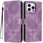 Custodia per telefono in pelle con stampa girasole in rilievo e cordino nero sottile., For iPhone 16, For iPhone 15 Pro Max, For iPhone 15 Pro, For iPhone 15 Plus