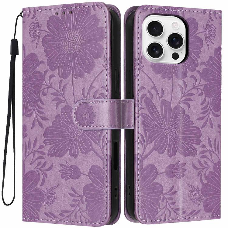 Custodia per telefono in pelle con stampa girasole in rilievo e cordino nero sottile., For iPhone 16, For iPhone 15 Pro Max, For iPhone 15 Pro, For iPhone 15 Plus
