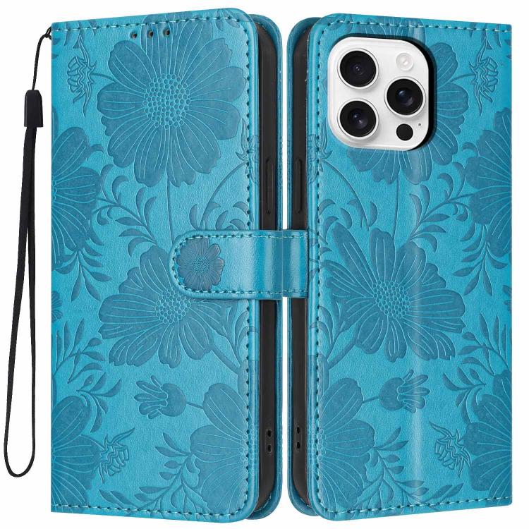 Custodia per telefono in pelle con stampa girasole in rilievo e cordino nero sottile., For iPhone 16, For iPhone 15 Pro Max, For iPhone 15 Pro, For iPhone 15 Plus