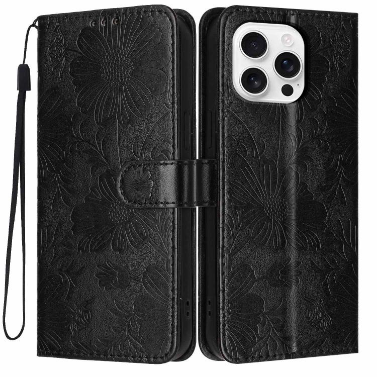 Custodia per telefono in pelle con stampa girasole in rilievo e cordino nero sottile., For iPhone 16, For iPhone 15 Pro Max, For iPhone 15 Pro, For iPhone 15 Plus