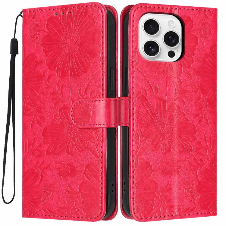 Custodia per telefono in pelle con stampa girasole in rilievo e cordino nero sottile., For iPhone 16, For iPhone 15 Pro Max, For iPhone 15 Pro, For iPhone 15 Plus