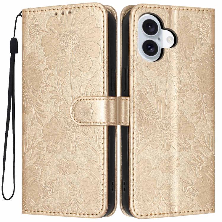 Custodia per telefono in pelle con stampa girasole in rilievo e cordino nero sottile., For iPhone 16, For iPhone 15 Pro Max, For iPhone 15 Pro, For iPhone 15 Plus