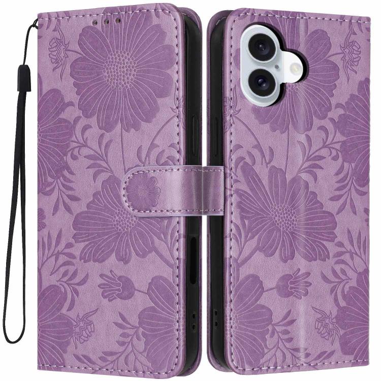 Custodia per telefono in pelle con stampa girasole in rilievo e cordino nero sottile., For iPhone 16, For iPhone 15 Pro Max, For iPhone 15 Pro, For iPhone 15 Plus