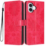 Custodia per telefono in pelle con stampa girasole in rilievo e cordino nero sottile., For iPhone 16, For iPhone 15 Pro Max, For iPhone 15 Pro, For iPhone 15 Plus