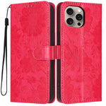 Custodia per telefono in pelle con stampa girasole in rilievo e cordino nero sottile., For iPhone 15, For iPhone 14 Plus, For iPhone 14, For iPhone 14 Pro