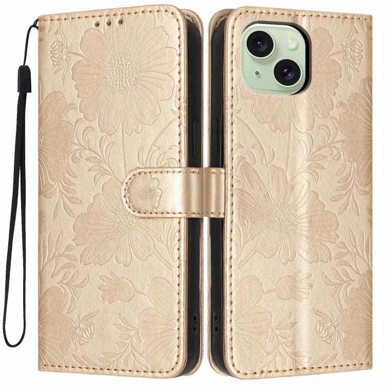 Custodia per telefono in pelle con stampa girasole in rilievo e cordino nero sottile., For iPhone 15, For iPhone 14 Plus, For iPhone 14, For iPhone 14 Pro