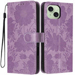 Custodia per telefono in pelle con stampa girasole in rilievo e cordino nero sottile., For iPhone 15, For iPhone 14 Plus, For iPhone 14, For iPhone 14 Pro