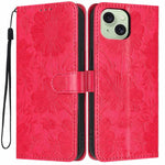 Custodia per telefono in pelle con stampa girasole in rilievo e cordino nero sottile., For iPhone 15, For iPhone 14 Plus, For iPhone 14, For iPhone 14 Pro