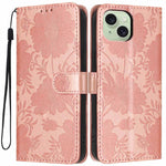 Custodia per telefono in pelle con stampa girasole in rilievo e cordino nero sottile., For iPhone 15, For iPhone 14 Plus, For iPhone 14, For iPhone 14 Pro