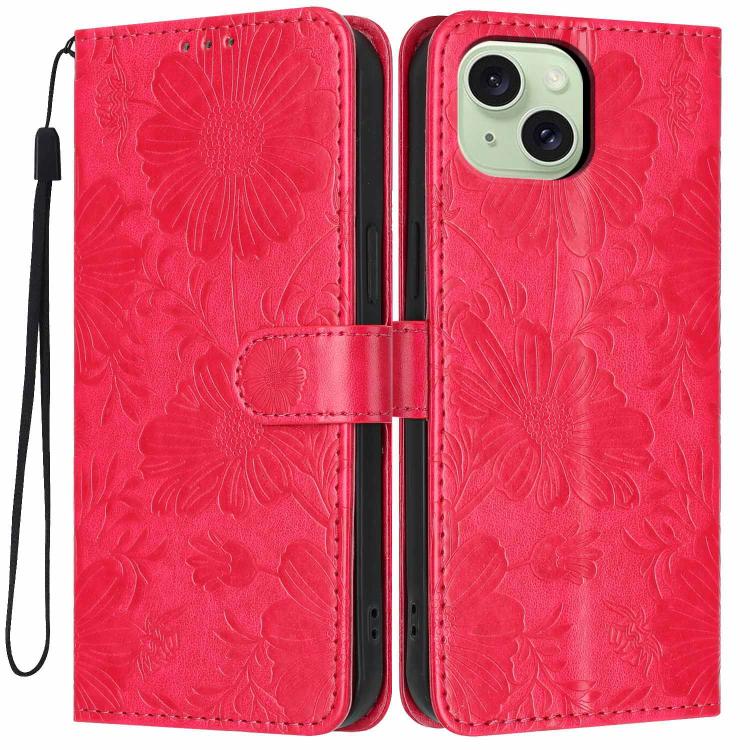 Custodia per telefono in pelle con stampa girasole in rilievo e cordino nero sottile., For iPhone 15, For iPhone 14 Plus, For iPhone 14, For iPhone 14 Pro