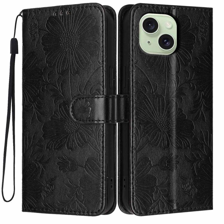 Custodia per telefono in pelle con stampa girasole in rilievo e cordino nero sottile., For iPhone 14 Pro Max, For iPhone 13 Pro Max, For iPhone 13 Pro, For iPhone 13