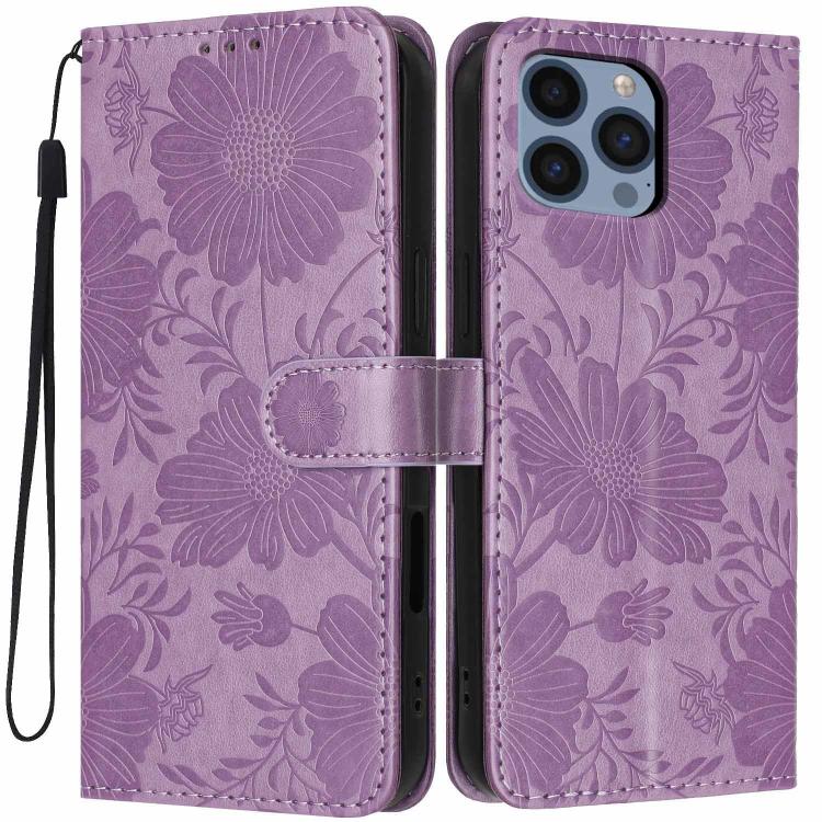 Custodia per telefono in pelle con stampa girasole in rilievo e cordino nero sottile., For iPhone 12 / 12 Pro, For iPhone 12 Pro Max, For iPhone 11 Pro Max, For iPhone 11