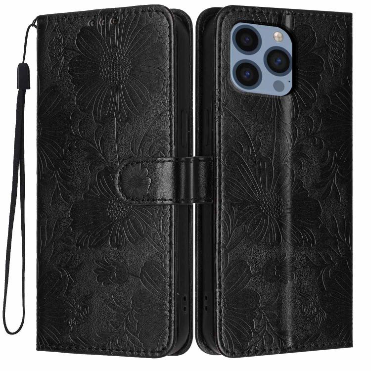 Custodia per telefono in pelle con stampa girasole in rilievo e cordino nero sottile., For iPhone 12 / 12 Pro, For iPhone 12 Pro Max, For iPhone 11 Pro Max, For iPhone 11