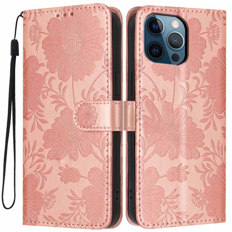 Custodia per telefono in pelle con stampa girasole in rilievo e cordino nero sottile., For iPhone 12 / 12 Pro, For iPhone 12 Pro Max, For iPhone 11 Pro Max, For iPhone 11