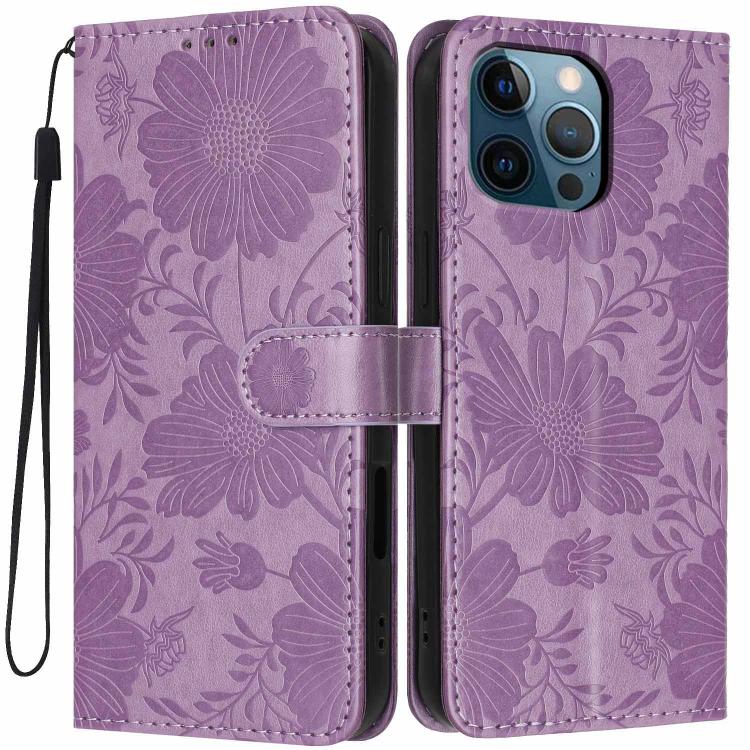 Custodia per telefono in pelle con stampa girasole in rilievo e cordino nero sottile., For iPhone 12 / 12 Pro, For iPhone 12 Pro Max, For iPhone 11 Pro Max, For iPhone 11