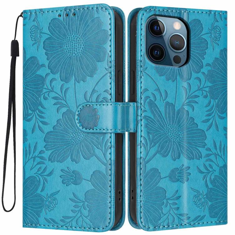 Custodia per telefono in pelle con stampa girasole in rilievo e cordino nero sottile., For iPhone 12 / 12 Pro, For iPhone 12 Pro Max, For iPhone 11 Pro Max, For iPhone 11