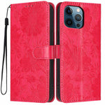 Custodia per telefono in pelle con stampa girasole in rilievo e cordino nero sottile., For iPhone 12 / 12 Pro, For iPhone 12 Pro Max, For iPhone 11 Pro Max, For iPhone 11