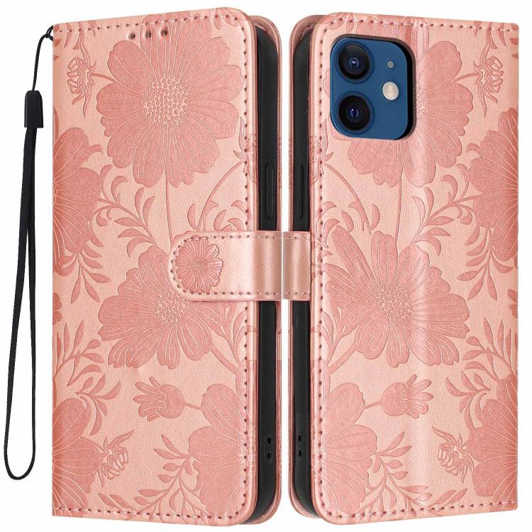 Custodia per telefono in pelle con stampa girasole in rilievo e cordino nero sottile., For iPhone 12 / 12 Pro, For iPhone 12 Pro Max, For iPhone 11 Pro Max, For iPhone 11