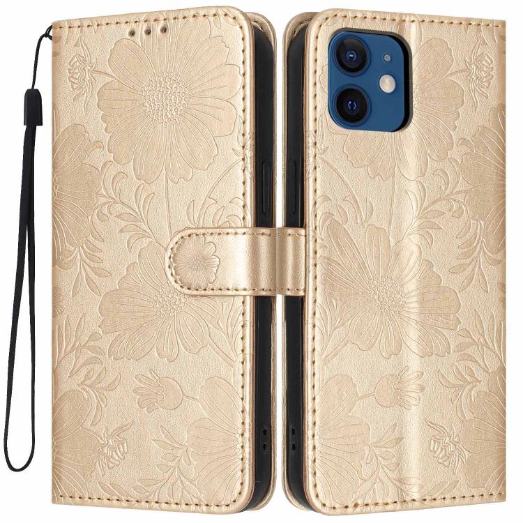 Custodia per telefono in pelle con stampa girasole in rilievo e cordino nero sottile., For iPhone 12 / 12 Pro, For iPhone 12 Pro Max, For iPhone 11 Pro Max, For iPhone 11