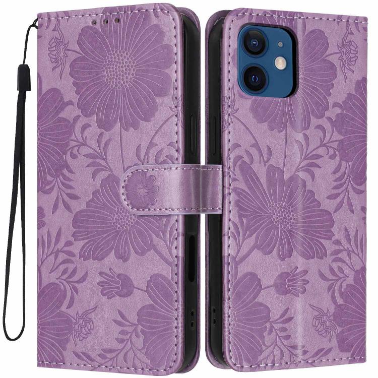 Custodia per telefono in pelle con stampa girasole in rilievo e cordino nero sottile., For iPhone 12 / 12 Pro, For iPhone 12 Pro Max, For iPhone 11 Pro Max, For iPhone 11