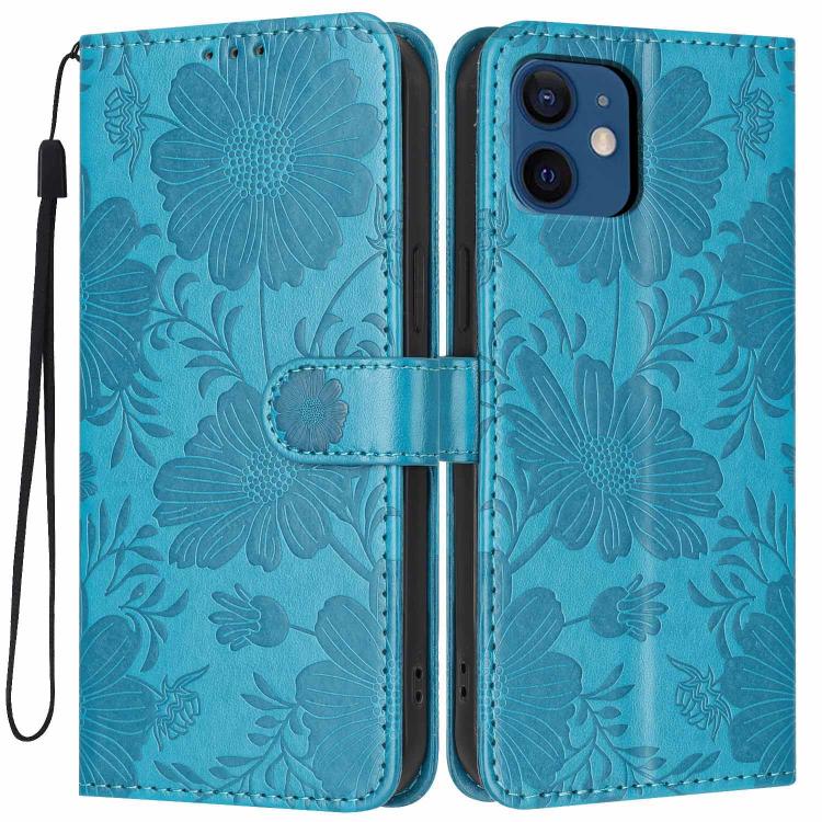 Custodia per telefono in pelle con stampa girasole in rilievo e cordino nero sottile., For iPhone 12 / 12 Pro, For iPhone 12 Pro Max, For iPhone 11 Pro Max, For iPhone 11