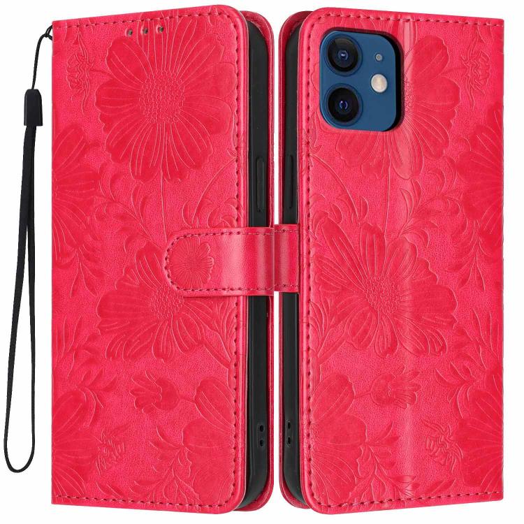 Custodia per telefono in pelle con stampa girasole in rilievo e cordino nero sottile., For iPhone 12 / 12 Pro, For iPhone 12 Pro Max, For iPhone 11 Pro Max, For iPhone 11