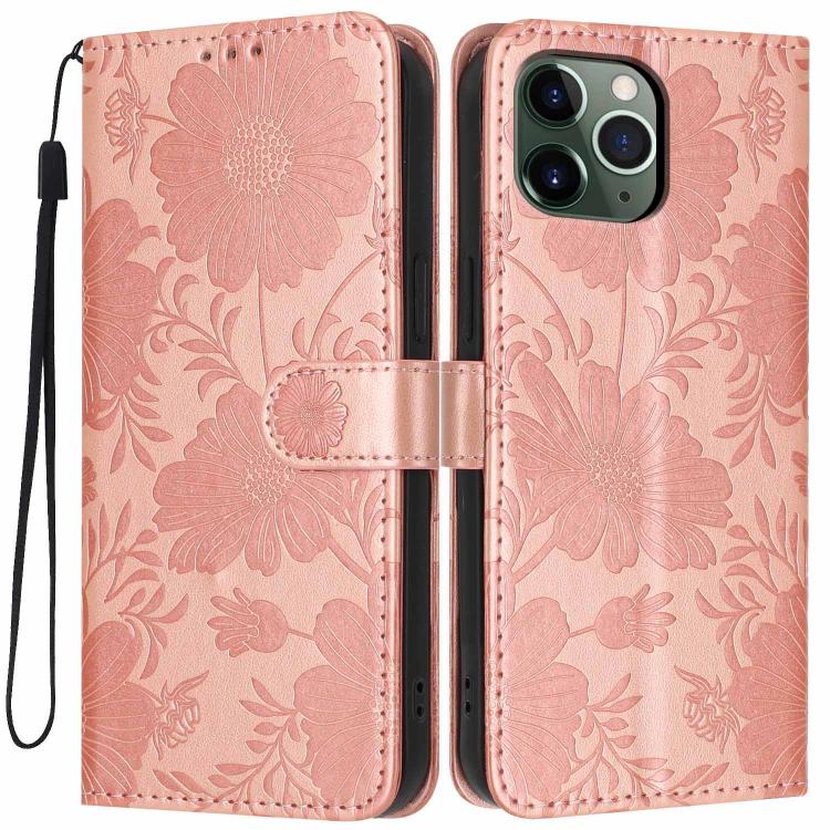 Custodia per telefono in pelle con stampa girasole in rilievo e cordino nero sottile., For iPhone 12 / 12 Pro, For iPhone 12 Pro Max, For iPhone 11 Pro Max, For iPhone 11