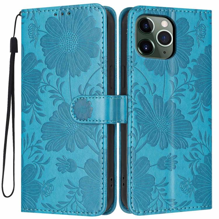 Custodia per telefono in pelle con stampa girasole in rilievo e cordino nero sottile., For iPhone 12 / 12 Pro, For iPhone 12 Pro Max, For iPhone 11 Pro Max, For iPhone 11