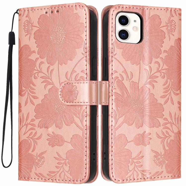 Custodia per telefono in pelle con stampa girasole in rilievo e cordino nero sottile., For iPhone 12 / 12 Pro, For iPhone 12 Pro Max, For iPhone 11 Pro Max, For iPhone 11