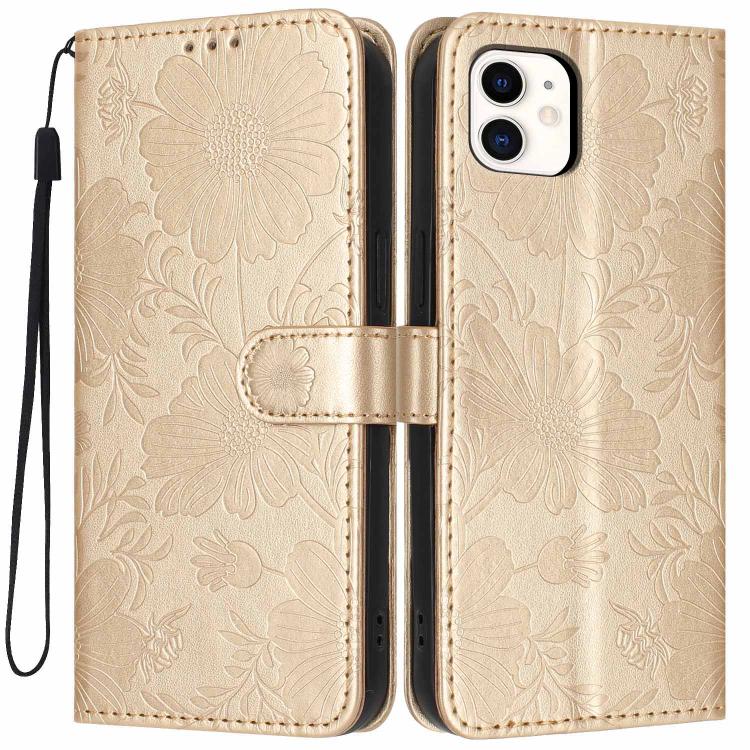 Custodia per telefono in pelle con stampa girasole in rilievo e cordino nero sottile., For iPhone 12 / 12 Pro, For iPhone 12 Pro Max, For iPhone 11 Pro Max, For iPhone 11