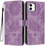 Custodia per telefono in pelle con stampa girasole in rilievo e cordino nero sottile., For iPhone 12 / 12 Pro, For iPhone 12 Pro Max, For iPhone 11 Pro Max, For iPhone 11