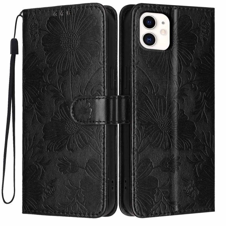 Custodia per telefono in pelle con stampa girasole in rilievo e cordino nero sottile., For iPhone 12 / 12 Pro, For iPhone 12 Pro Max, For iPhone 11 Pro Max, For iPhone 11