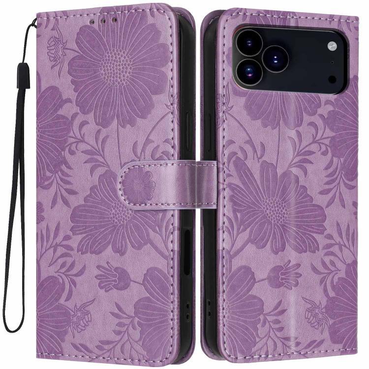 Custodia per telefono in pelle con stampa girasole in rilievo e cordino nero sottile., For iPhone 16e / 17e, For iPhone 17 Pro Max, For iPhone 17 Pro, For iPhone 17