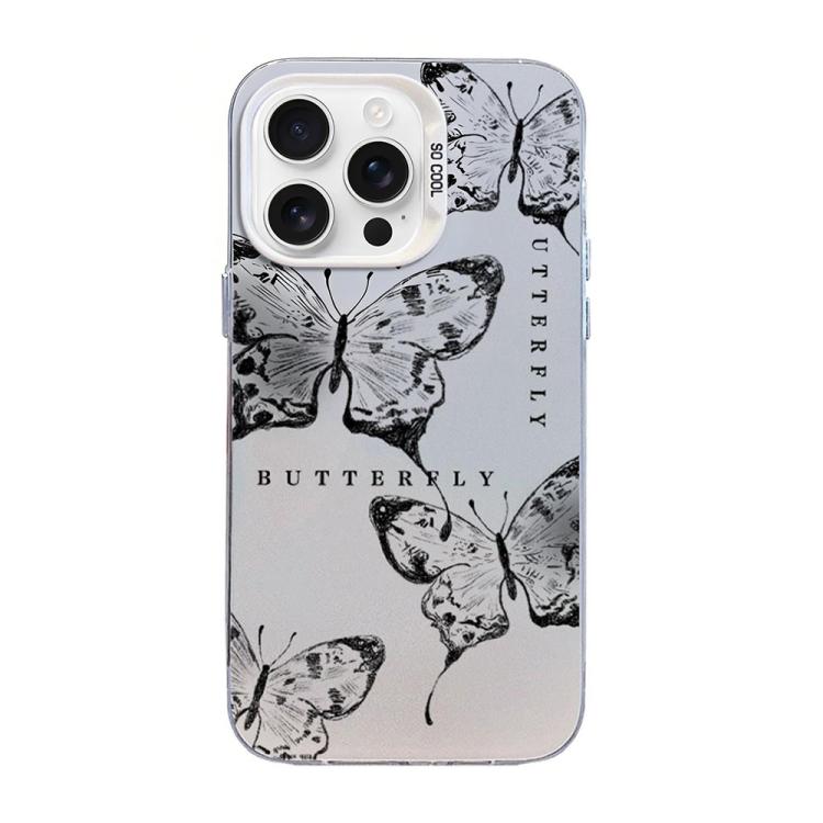 Custodia per telefono ibrida in PC e TPU con motivo a farfalla e placcatura in argento., For iPhone 16 Pro, For iPhone 16 Plus, For iPhone 16