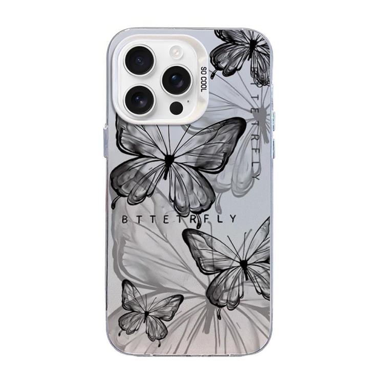 Custodia per telefono ibrida in PC e TPU con motivo a farfalla e placcatura in argento., For iPhone 16 Pro, For iPhone 16 Plus, For iPhone 16