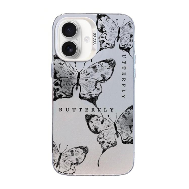 Custodia per telefono ibrida in PC e TPU con motivo a farfalla e placcatura in argento., For iPhone 16 Pro, For iPhone 16 Plus, For iPhone 16