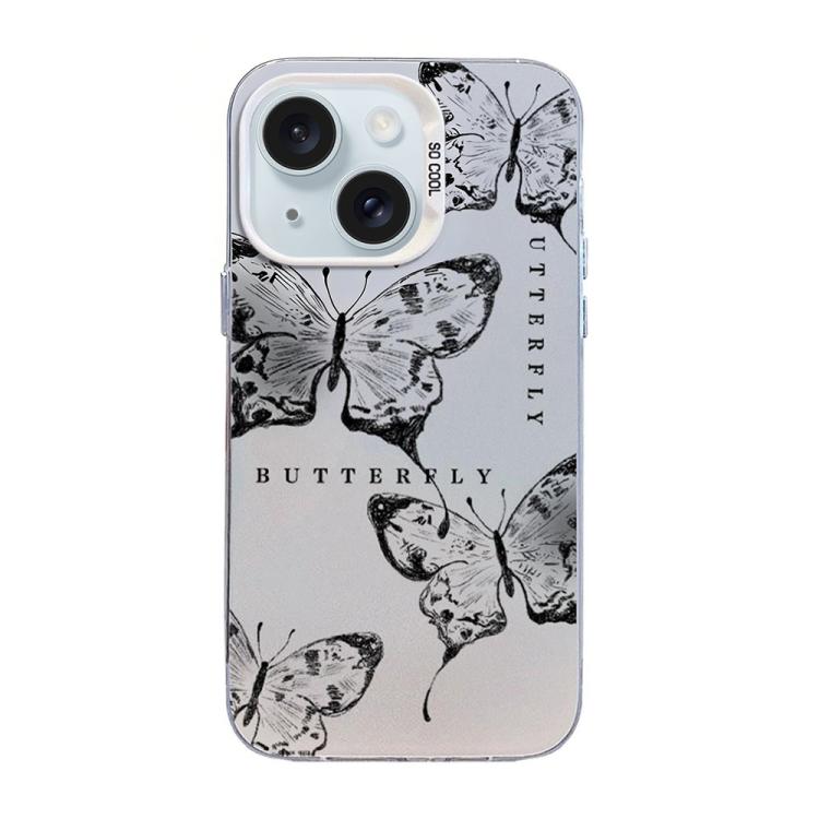 Custodia per telefono ibrida in PC e TPU con motivo a farfalla e placcatura in argento., For iPhone 15 Pro Max, For iPhone 15 Pro, For iPhone 15 Plus