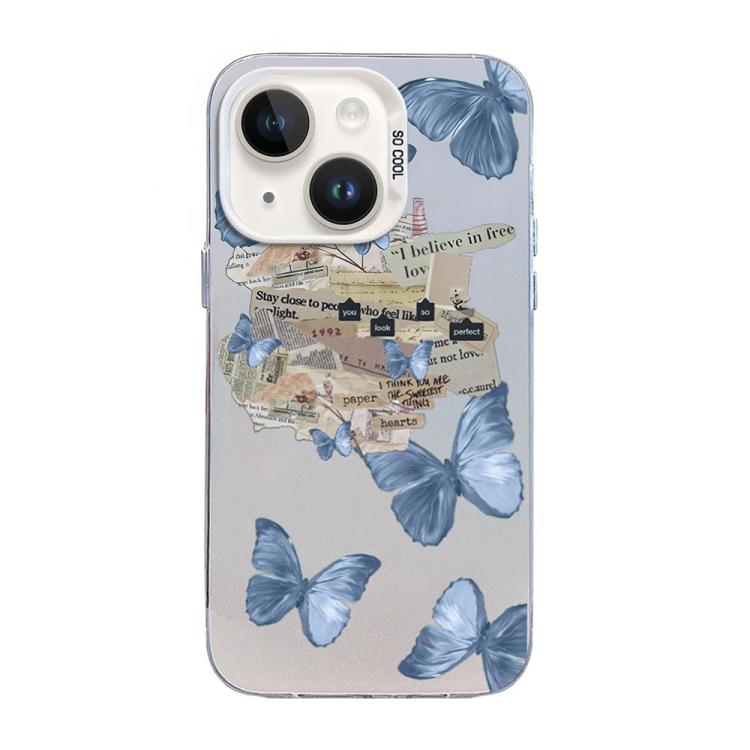 Custodia per telefono ibrida in PC e TPU con motivo a farfalla e placcatura in argento., For iPhone 15, For iPhone 14 Plus, For iPhone 14