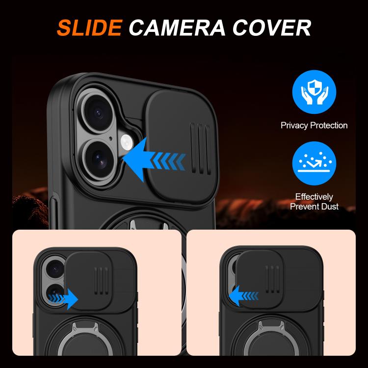 Custodia per telefono con schermo scorrevole, supporto magnetico girevole e protezione per la fotocamera., For iPhone 16 Plus, For iPhone 16, For iPhone 15 Pro Max