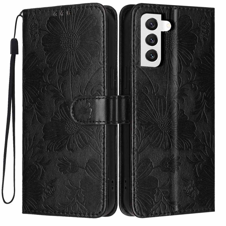 Custodia per telefono in ecopelle con stampa girasole in rilievo e cordino nero sottile., For Samsung Galaxy S22+ 5G, For Samsung Galaxy S22 5G