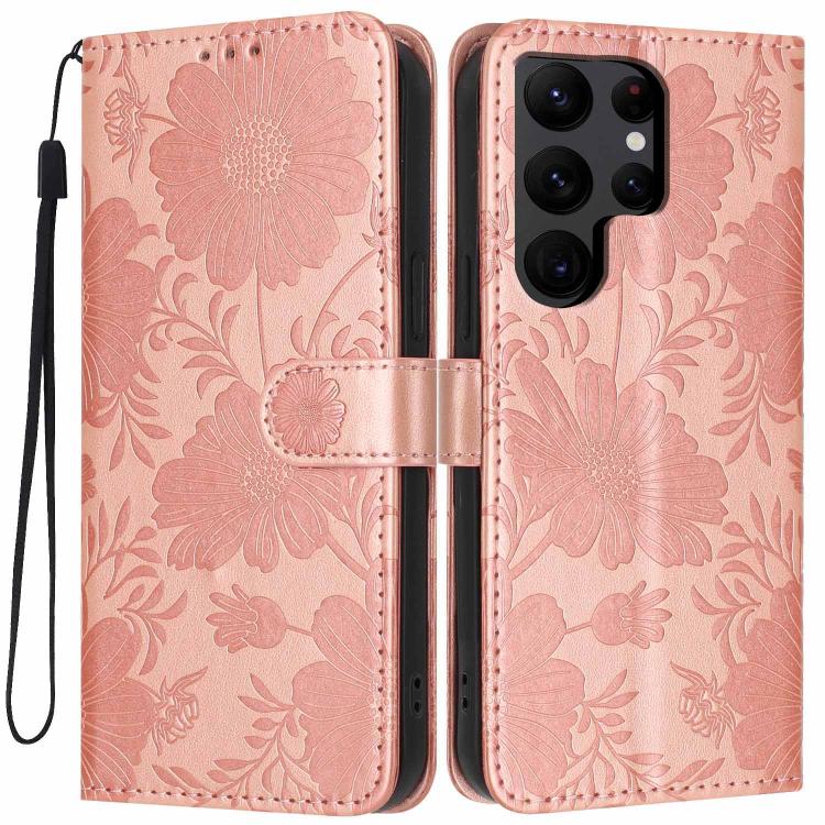 Custodia per telefono in ecopelle con stampa girasole in rilievo e cordino nero sottile., For Samsung Galaxy S23 Ultra 5G, For Samsung Galaxy S23+ 5G, For Samsung Galaxy S23 5G, For Samsung Galaxy S22 Ultra 5G