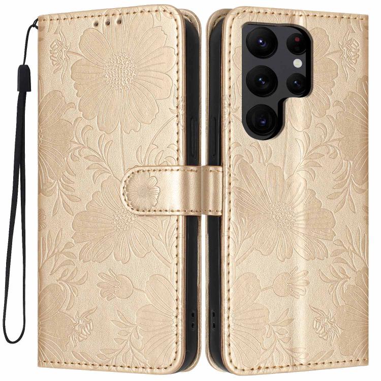 Custodia per telefono in ecopelle con stampa girasole in rilievo e cordino nero sottile., For Samsung Galaxy S23 Ultra 5G, For Samsung Galaxy S23+ 5G, For Samsung Galaxy S23 5G, For Samsung Galaxy S22 Ultra 5G