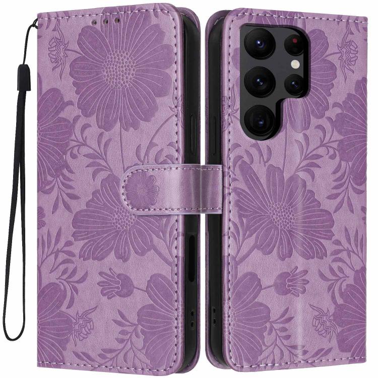 Custodia per telefono in ecopelle con stampa girasole in rilievo e cordino nero sottile., For Samsung Galaxy S23 Ultra 5G, For Samsung Galaxy S23+ 5G, For Samsung Galaxy S23 5G, For Samsung Galaxy S22 Ultra 5G