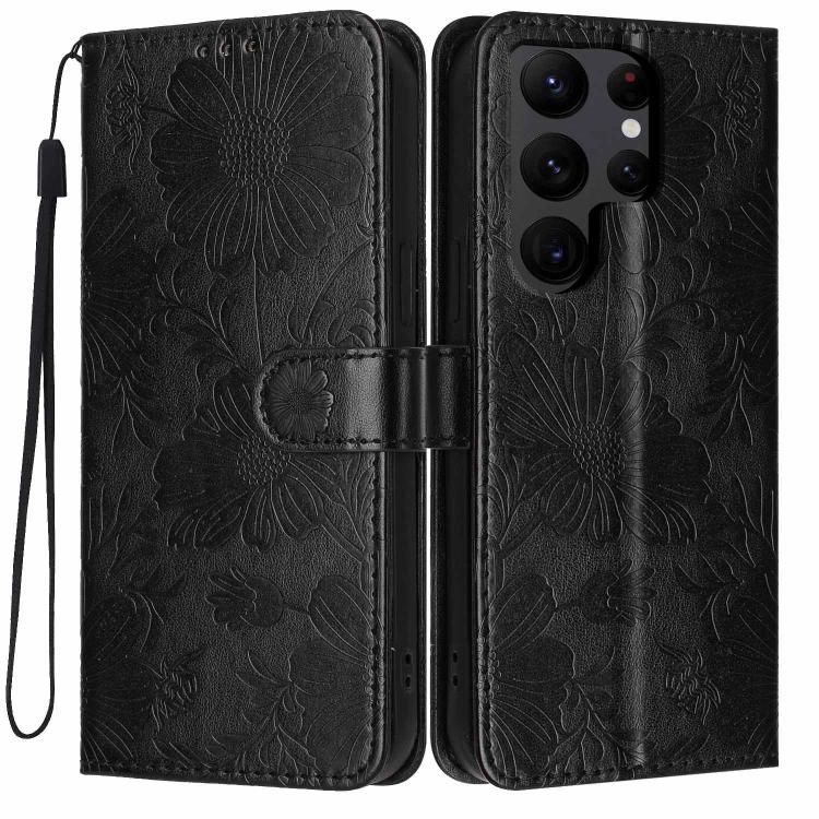 Custodia per telefono in ecopelle con stampa girasole in rilievo e cordino nero sottile., For Samsung Galaxy S23 Ultra 5G, For Samsung Galaxy S23+ 5G, For Samsung Galaxy S23 5G, For Samsung Galaxy S22 Ultra 5G