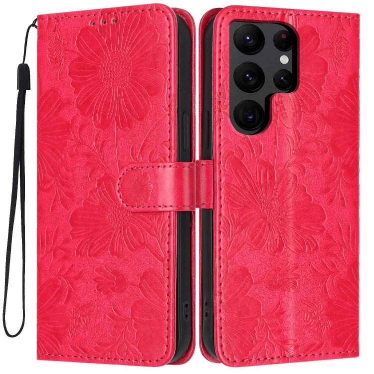 Custodia per telefono in ecopelle con stampa girasole in rilievo e cordino nero sottile., For Samsung Galaxy S23 Ultra 5G, For Samsung Galaxy S23+ 5G, For Samsung Galaxy S23 5G, For Samsung Galaxy S22 Ultra 5G