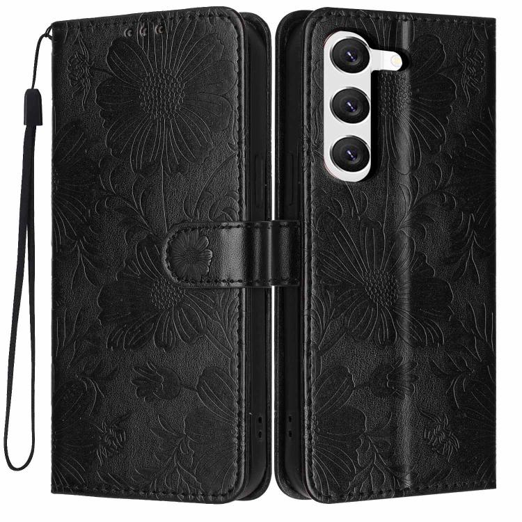 Custodia per telefono in ecopelle con stampa girasole in rilievo e cordino nero sottile., For Samsung Galaxy S23 Ultra 5G, For Samsung Galaxy S23+ 5G, For Samsung Galaxy S23 5G, For Samsung Galaxy S22 Ultra 5G