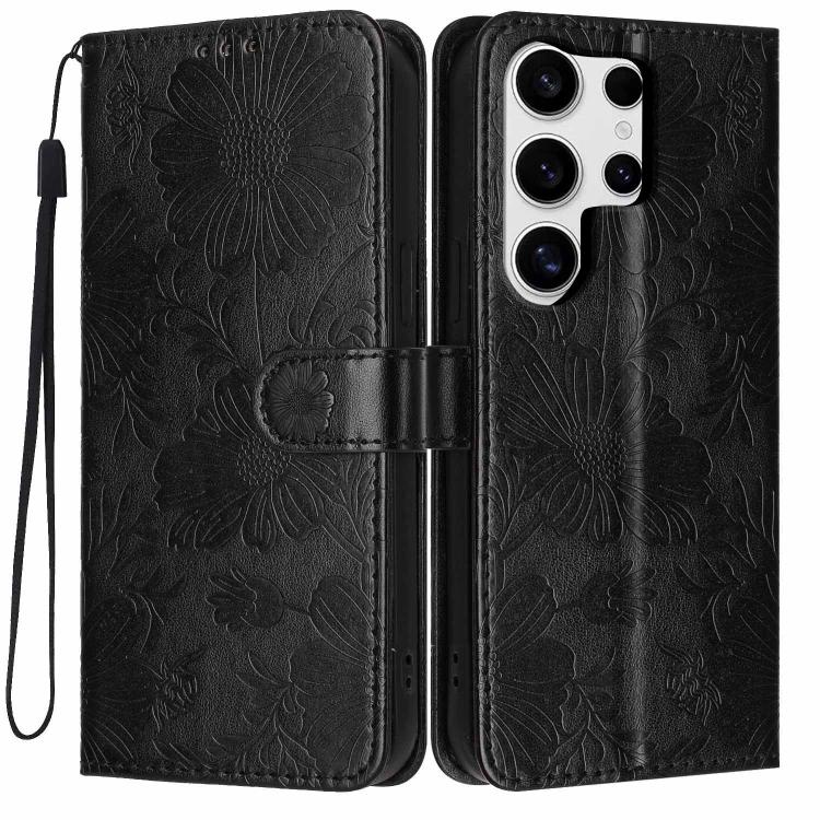 Custodia per telefono in ecopelle con stampa girasole in rilievo e cordino nero sottile., For Samsung Galaxy S23 Ultra 5G, For Samsung Galaxy S23+ 5G, For Samsung Galaxy S23 5G, For Samsung Galaxy S22 Ultra 5G